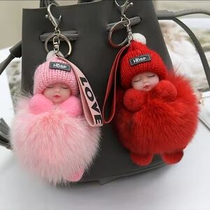 Pompom Sleeping Baby Keychain Cute Fluffy Plush Doll Bag Charm